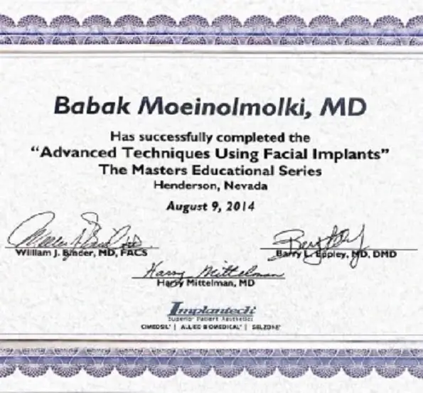 Babak Moeinolmolki MD Advanced Techniques Using Facial Implants Certificate