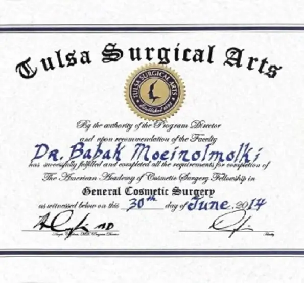 Dr. Moein General Cosmetic Surgery Fellowship Certificate at Tulsa Surgical Arts